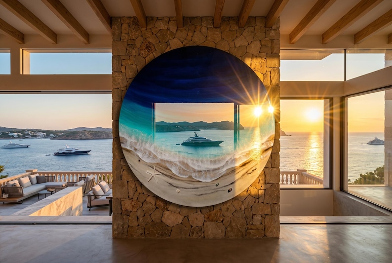 Grande oeuvre d'art murale océan en résine - Peinture époxy ronde vagues de 100 cm - oeuvre d'art 3D en résine de plage XL - Décoration d'intérieur côtière - Grande décoration murale océan image 10