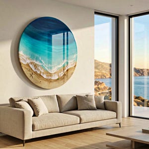 Grande oeuvre d'art murale océan en résine - Peinture époxy ronde vagues de 100 cm - oeuvre d'art 3D en résine de plage XL - Décoration d'intérieur côtière - Grande décoration murale océan image 2