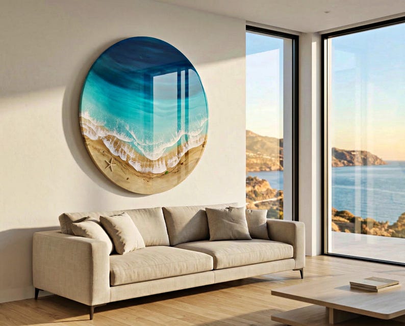 Grande oeuvre d'art murale océan en résine - Peinture époxy ronde vagues de 100 cm - oeuvre d'art 3D en résine de plage XL - Décoration d'intérieur côtière - Grande décoration murale océan image 2