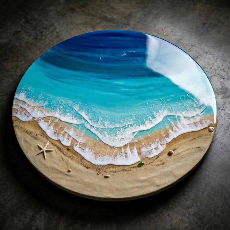 Grande oeuvre d'art murale océan en résine - Peinture époxy ronde vagues de 100 cm - oeuvre d'art 3D en résine de plage XL - Décoration d'intérieur côtière - Grande décoration murale océan image 9