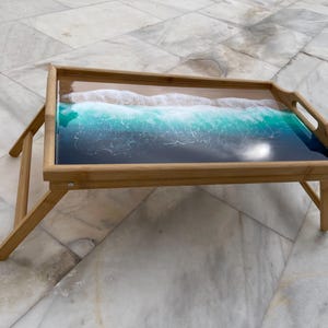 Bamboo Bed Tray with Resin Ocean Waves | Handmade Coastal Serving Tray | Foldable Breakfast Tray | Resin Art Home Decor 53 cm 画像 4
