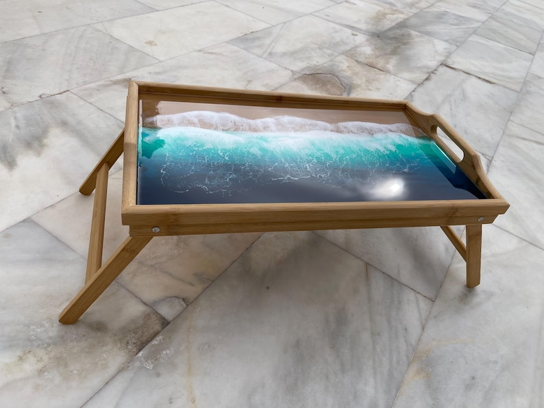 Bamboo Bed Tray with Resin Ocean Waves | Handmade Coastal Serving Tray | Foldable Breakfast Tray | Resin Art Home Decor 53 cm 画像 4