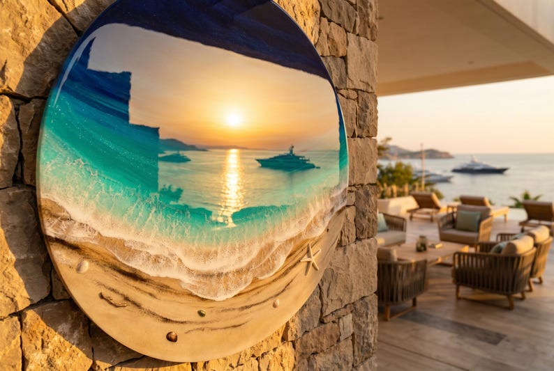Grande oeuvre d'art murale océan en résine - Peinture époxy ronde vagues de 100 cm - oeuvre d'art 3D en résine de plage XL - Décoration d'intérieur côtière - Grande décoration murale océan image 4