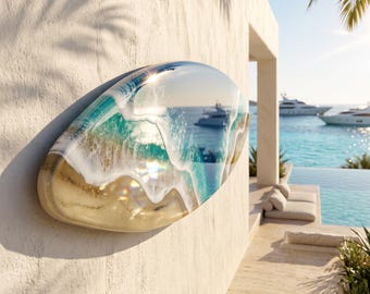 120 cm großes Surfbrett-Wandbild aus Kunstharz | Luxuriöse Küsten-Wanddekoration | Handgefertigtes Strandhaus-Kunstwerk | Wellen aus echtem Sand und Kunstharz | Hergestellt in Spanien