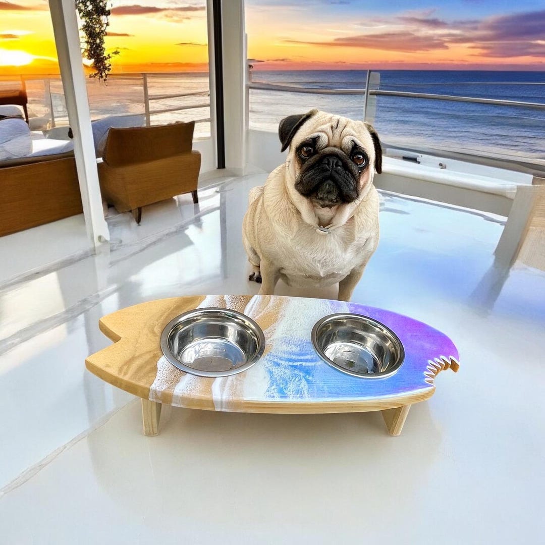Pet food stand   Ocean art Personalized Pet Bowl Stand: Surfboard Ocean Wave Resin Decor - Etsy
