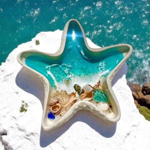 Op de afbeelding: Een stervormige decoratieve schaal met een kustthema. De schaal heeft een turquoise en wit harsontwerp dat lijkt op oceaangolven, met ingebedde schelpen en kleine stenen. De schaal staat tegen een achtergrond van de oceaan.