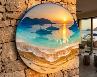 Art mural océan en résine - Peinture époxy ronde vagues - Art 3D en résine de plage - Décoration d'intérieur côtière - Art mural rond océan - Cadeau marin fait main