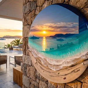 Grande oeuvre d'art murale océan en résine - Peinture époxy ronde vagues de 100 cm - oeuvre d'art 3D en résine de plage XL - Décoration d'intérieur côtière - Grande décoration murale océan image 13