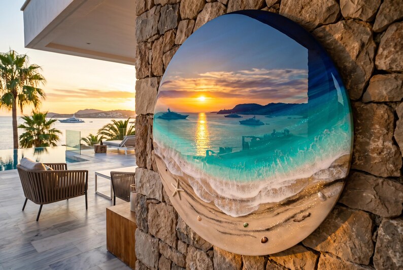 Grande oeuvre d'art murale océan en résine - Peinture époxy ronde vagues de 100 cm - oeuvre d'art 3D en résine de plage XL - Décoration d'intérieur côtière - Grande décoration murale océan image 13