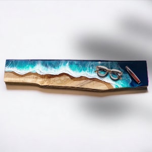 Oak floating shelf with sea wave resin decor 90 CM long