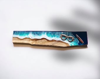 Oak floating shelf with sea wave resin decor 90 CM long