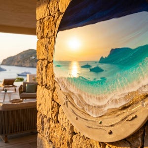 Grande oeuvre d'art murale océan en résine - Peinture époxy ronde vagues de 100 cm - oeuvre d'art 3D en résine de plage XL - Décoration d'intérieur côtière - Grande décoration murale océan image 14