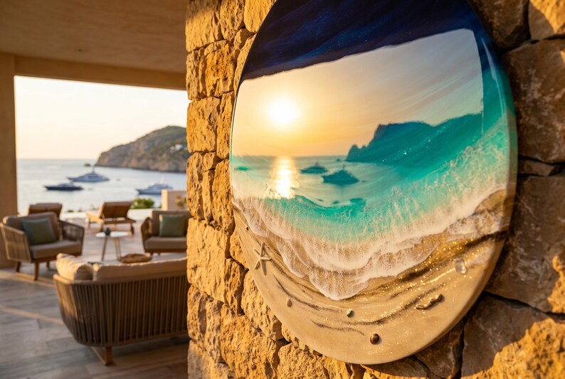 Grande oeuvre d'art murale océan en résine - Peinture époxy ronde vagues de 100 cm - oeuvre d'art 3D en résine de plage XL - Décoration d'intérieur côtière - Grande décoration murale océan image 14