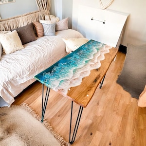 Handmade Resin Ocean Table &quot;Azure Break&quot; – Solid Wood Desk with Turquoise Epoxy Waves & Hairpin Iron Legs – Coastal Art Furniture