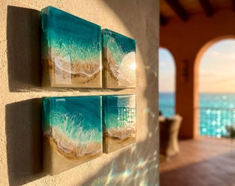 Set of 4 Resin Ocean Wall Art Blocks | Luxury Coastal Wall Decor | Mediterranean Beach Villa Art | Modular Ocean Resin Artwork Set