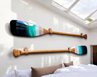 Decorative paddle 90CM long, nautical decor, decorative wood oar with resin wave, wooden paddle, resin wave, wall paddle decor, oar decor