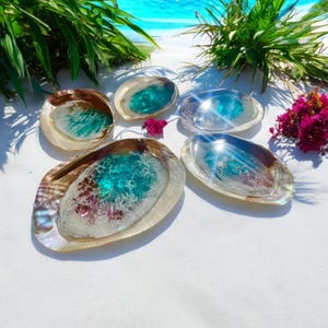 May include: Five iridescent seashell trays with a teal blue resin inlay. The trays are arranged on a white surface.