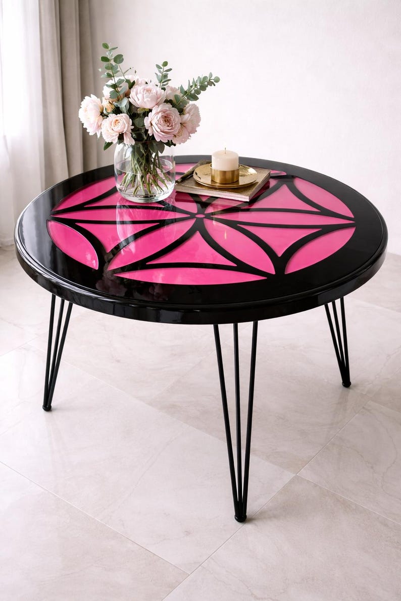 Mesa de centro de resina epoxi con diseño de mandala: Mesa con bloques de color personalizados (80 cm) imagen 3