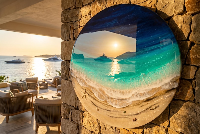 Grande oeuvre d'art murale océan en résine - Peinture époxy ronde vagues de 100 cm - oeuvre d'art 3D en résine de plage XL - Décoration d'intérieur côtière - Grande décoration murale océan image 1