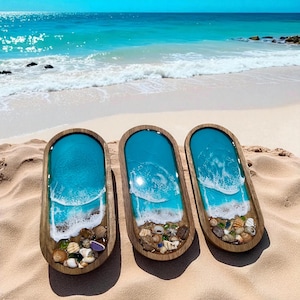 Ocean Resin Trinket Tray – Coastal Jewelry Dish with Shells & Sea Glass – Handmade Resin Art Gift – Beach Decor Catchall Tray