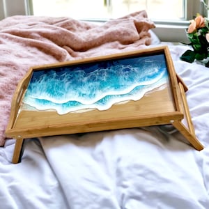 Bed tray bamboo, serving tray, breakfast tray with epoxy resin decoration 53CM long
