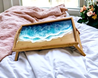 Bed tray bamboo, serving tray, breakfast tray with epoxy resin decoration 53CM long