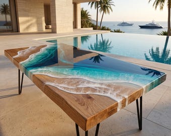 Luxury Oak Resin Coffee Table | Handmade Ocean Table | Solid Oak Coastal Furniture | Epoxy Resin Beach Coffee Table | 80x60 & 100x40