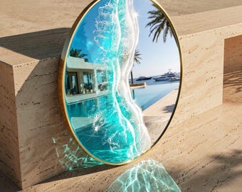 60cm Gold Frame Resin Wave Mirror | Coastal Ocean Wall Mirror | Luxury Beach House Decor | Handmade Resin Art