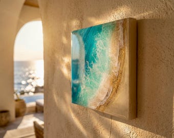 Handmade Resin Ocean Wall Art Block | Luxury Coastal Beach Decor | Mediterranean Villa Style Mini Ocean Artwork | 15x15cm Resin Art