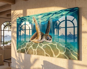 Ready to Ship Original Ocean Artwork, Resin Ocean Turtle Art: Handmade Underwater Sea Turtle Painting on Wood (120x60 cm)