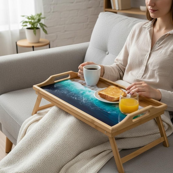 Bamboo Bed Tray with Resin Ocean Waves | Handmade Coastal Serving Tray | Foldable Breakfast Tray | Resin Art Home Decor 53 cm
