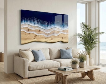 Ocean Resin Wall Art: Live Edge Pine Wood, Deep Blue Waves - Etsy