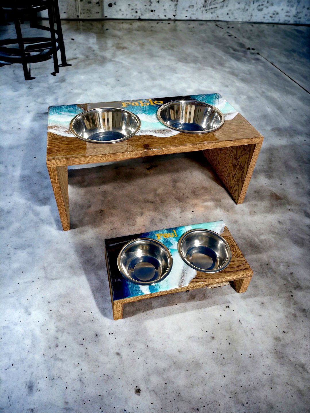 Pet food stand   Ocean art Personalized Pet Bowl Stand: Surfboard Ocean Wave Resin Decor - Etsy