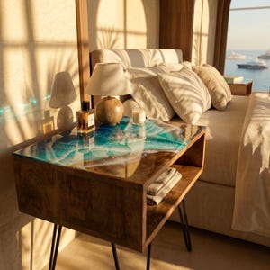 May include: A wooden bedside table featuring a resin top with a blue and white ocean wave design, supported by thin black metal legs. The table has an open storage shelf and holds a small table lamp, a glass perfume bottle, and a candle.