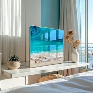 Tide Whisper – 16x16 Resin Beach Art with Real Sand, Alcohol Ink & Epoxy, Coastal Wall Decor, Framed with Cotton Rope
