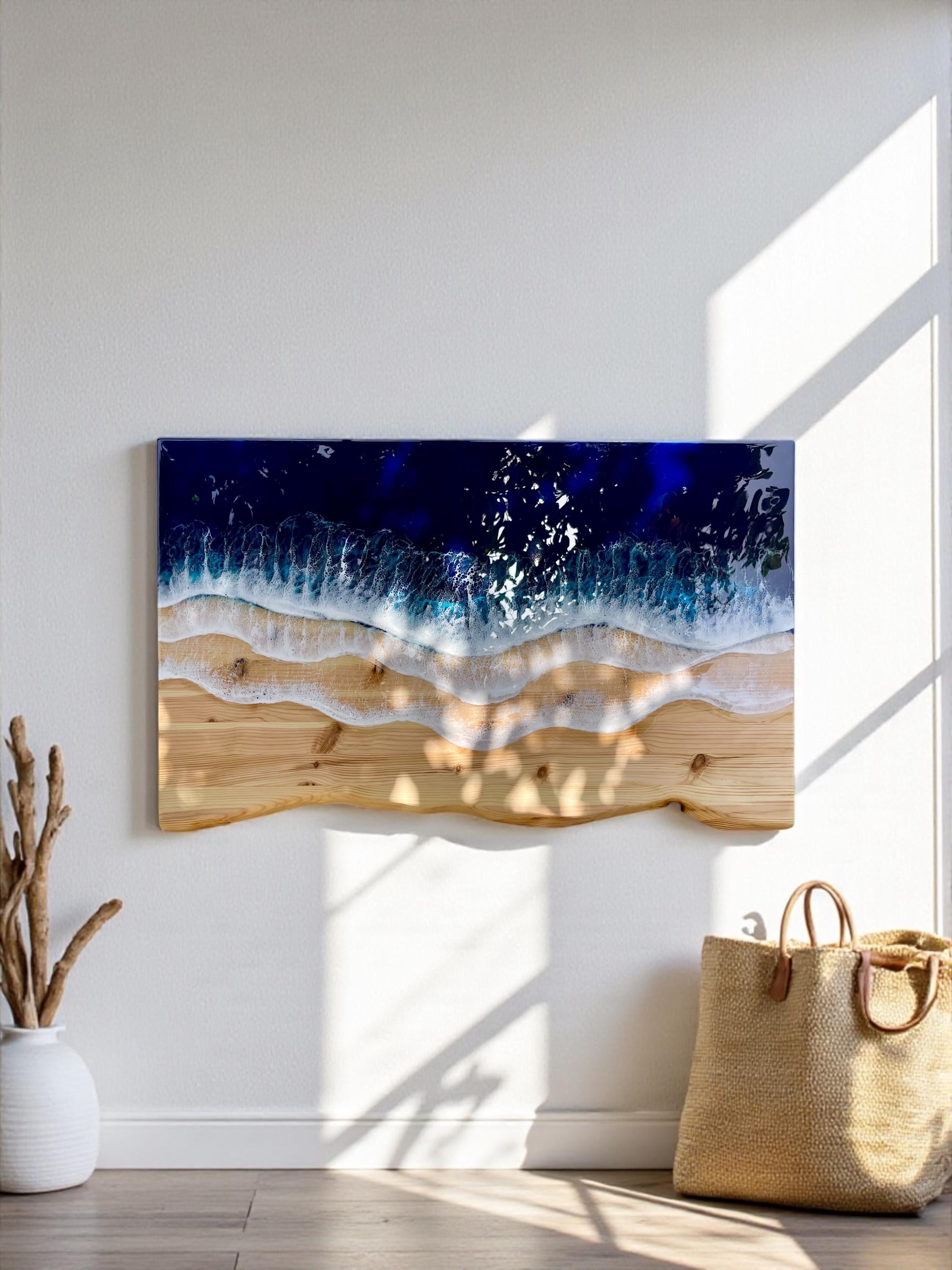 Ocean Resin Wall Art: Live Edge Pine Wood, Deep Blue Waves - Etsy