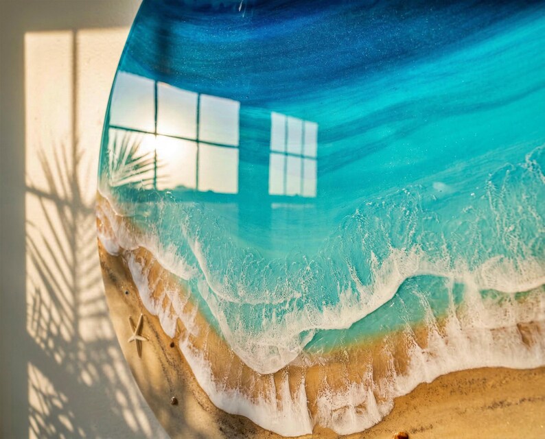 Grande oeuvre d'art murale océan en résine - Peinture époxy ronde vagues de 100 cm - oeuvre d'art 3D en résine de plage XL - Décoration d'intérieur côtière - Grande décoration murale océan image 7