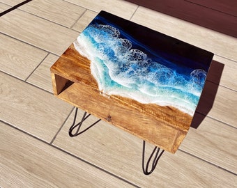 Bedside night table with recycled acacia wood, with decorative resin ocean motive