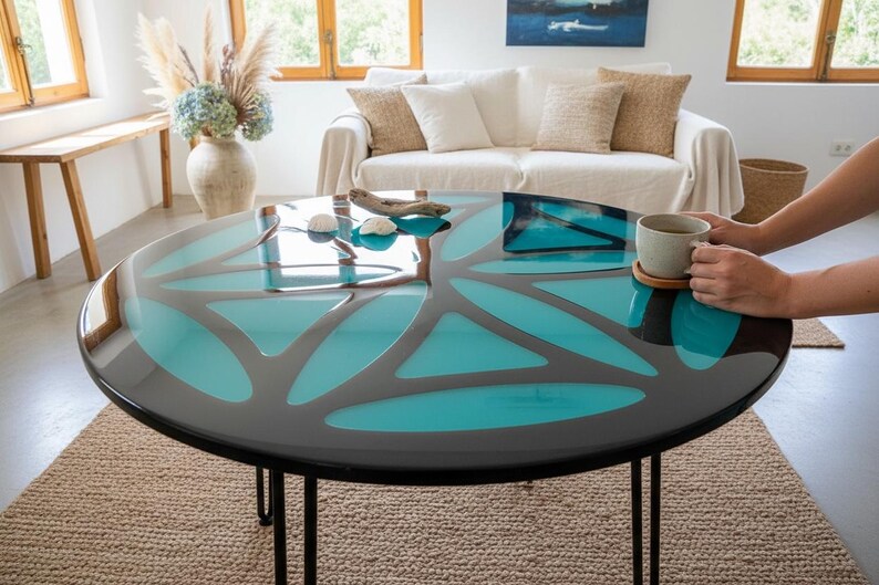 Mesa de centro de resina epoxi con diseño de mandala: Mesa con bloques de color personalizados (80 cm) imagen 2