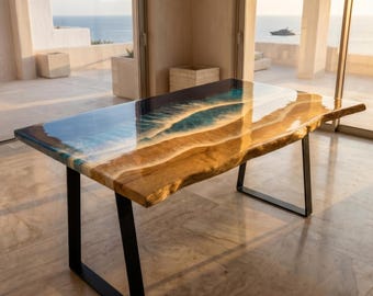 Luxury Ocean Resin Coffee Table | Handmade Solid Pine Coastal Table | Modern Beach House Furniture | Resin Art Coffee Table | 60cm & 80cm