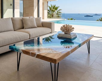 Solid Oak Ocean Coffee Table | Handmade Resin Beach Table | Luxury Coastal Coffee Table | Real Oak Epoxy Resin Furniture | 60cm & 80cm