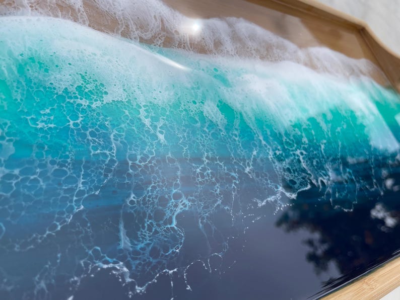 Bamboo Bed Tray with Resin Ocean Waves | Handmade Coastal Serving Tray | Foldable Breakfast Tray | Resin Art Home Decor 53 cm 画像 2