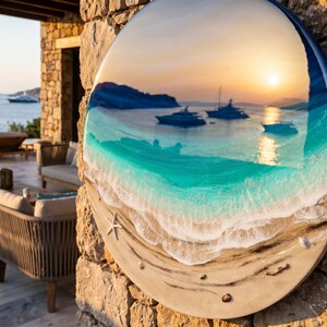 Grande oeuvre d'art murale océan en résine - Peinture époxy ronde vagues de 100 cm - oeuvre d'art 3D en résine de plage XL - Décoration d'intérieur côtière - Grande décoration murale océan image 6