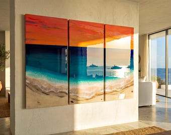Extra Large Resin Ocean Sunset Triptych | Luxury Coastal Wall Art | Statement Beach House Decor | Handmade Resin Seascape | Oversized Art