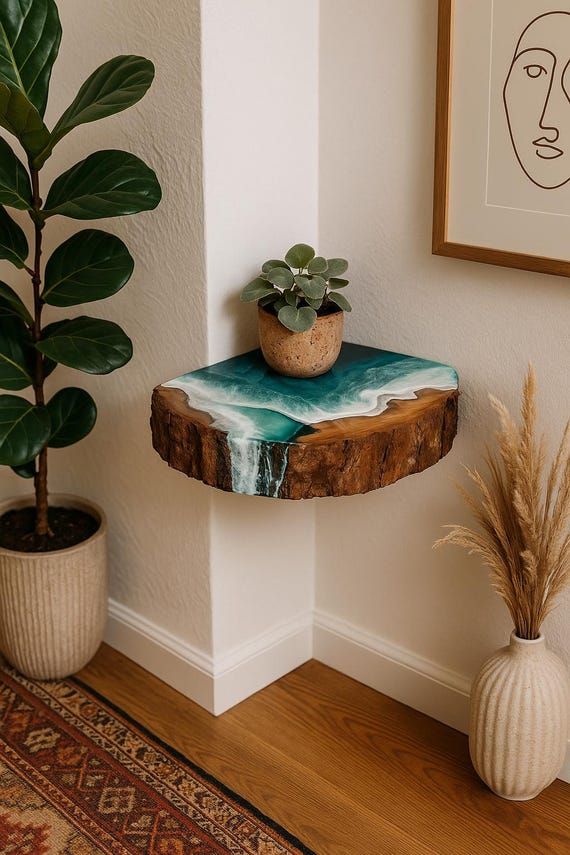 Resin Ocean Corner Shelf – Handmade Floating Oak Shelf With