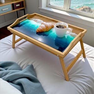Bamboo Bed Tray with Resin Ocean Waves | Handmade Coastal Serving Tray | Foldable Breakfast Tray | Resin Art Home Decor 53 cm 画像 3