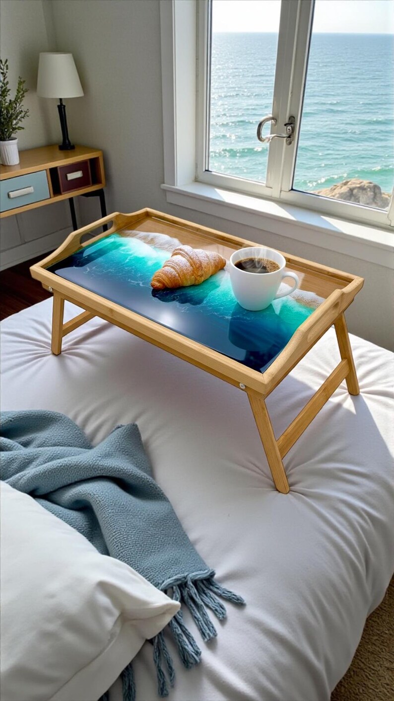 Bamboo Bed Tray with Resin Ocean Waves | Handmade Coastal Serving Tray | Foldable Breakfast Tray | Resin Art Home Decor 53 cm 画像 3