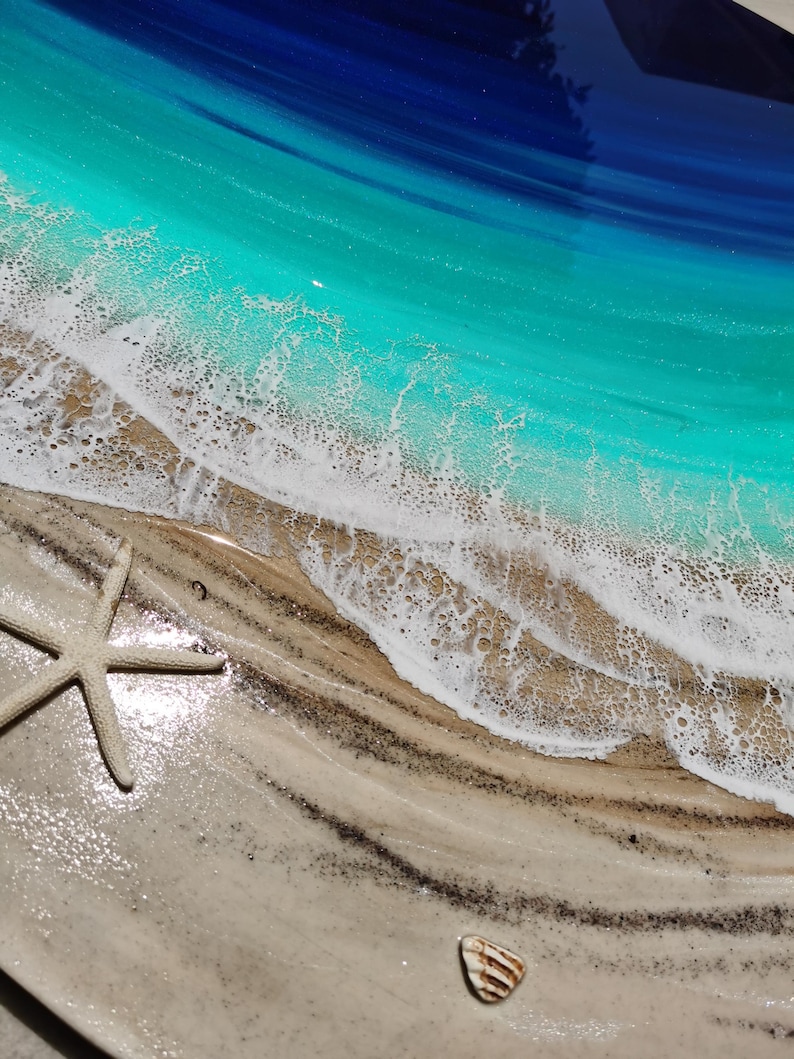 Grande oeuvre d'art murale océan en résine - Peinture époxy ronde vagues de 100 cm - oeuvre d'art 3D en résine de plage XL - Décoration d'intérieur côtière - Grande décoration murale océan image 5