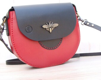 large half moon crossbody bag /  handmade red with black leather purse
