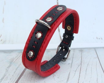 Handmade Red Leather Dog Collar: Handstitched, Silver Rivets